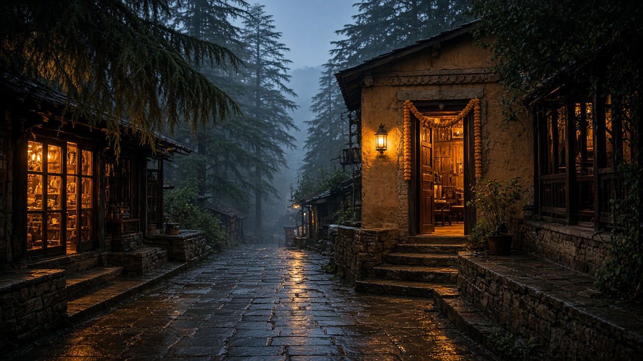 A wet stone lane in the mountains, and an open teak door with a marigold garland.